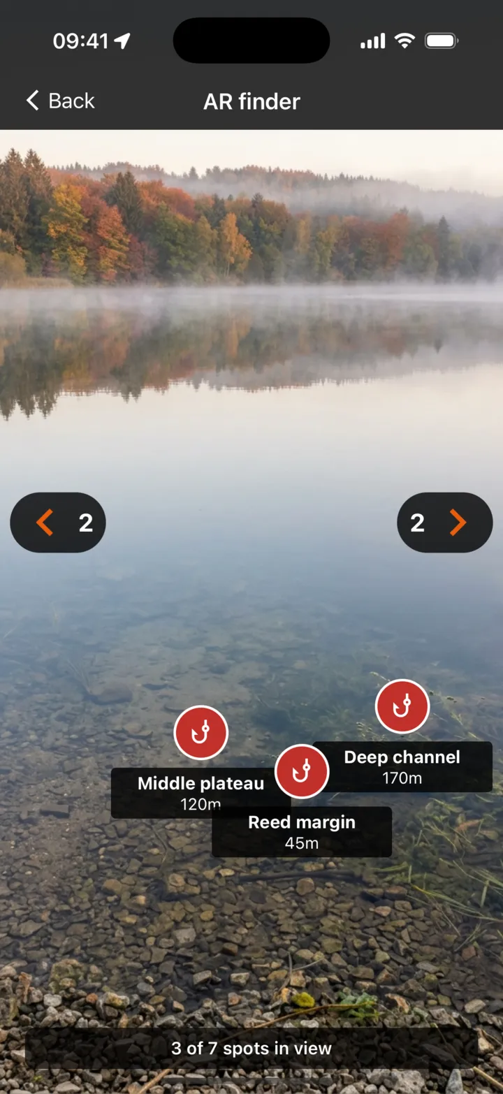 AR finder: camera view of a lake in autumn mist showing the spots Reed margin 45 m, Middle plateau 120 m and Deep channel 170 m, with 3 of 7 spots visible