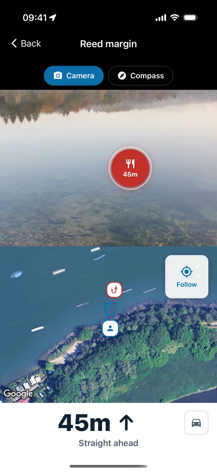 Navigating to the spot Reed margin: camera view with a 45 m marker, the map below, 45 m straight ahead in large type at the bottom, and the camera or compass toggle at the top