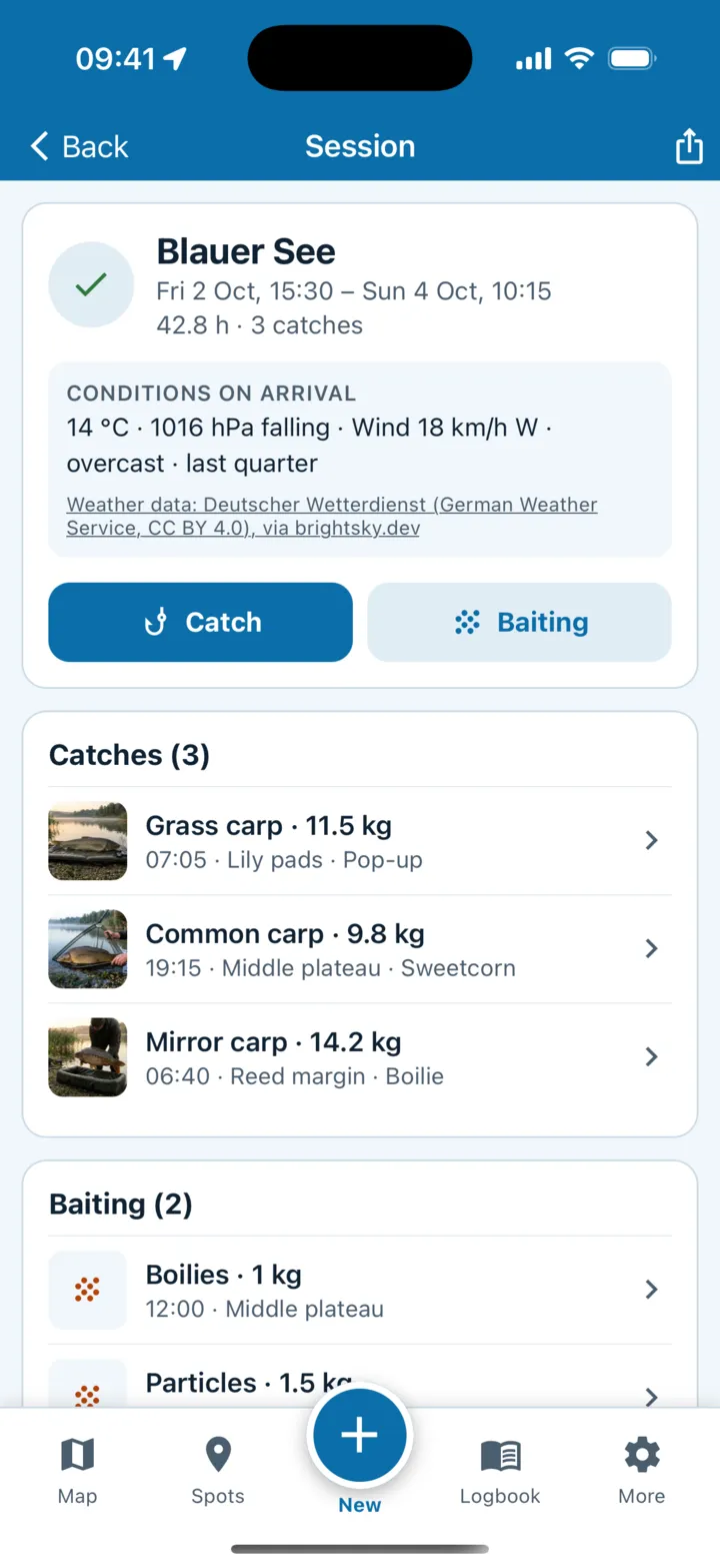 Session at the Blauer See, 2 to 4 October, 42.8 hours, 3 catches. Conditions on arrival: 14 °C, 1016 hPa falling, westerly wind 18 km/h, overcast, last quarter, weather data from the Deutscher Wetterdienst. Catches and baiting below