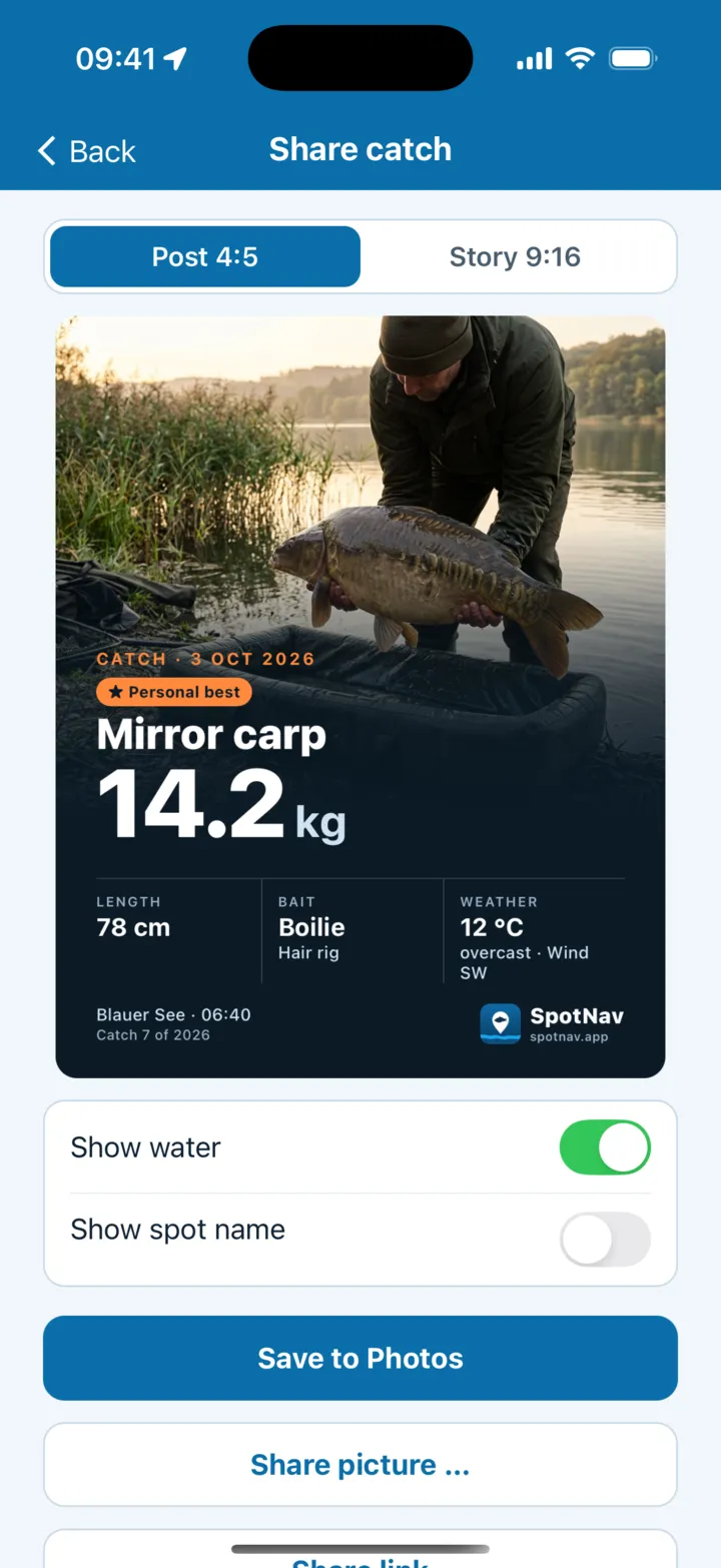 Share catch: Instagram graphic with a mirror carp of 14.2 kg, personal best, 78 cm, boilie, 12 °C and the SpotNav logo, post or story switch, toggles for water and spot name, and the buttons Save to Photos and Share picture