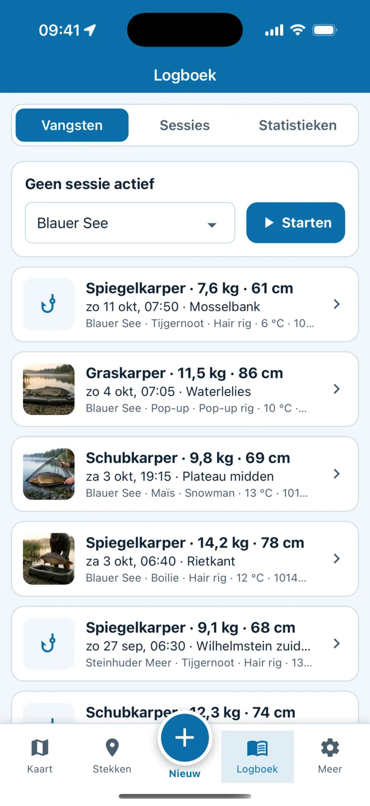 Logboek met vangsten van de Blauer See: spiegelkarper 7,6 kg, graskarper 11,5 kg, schubkarper 9,8 kg en spiegelkarper 14,2 kg, elk met foto, stek, aas en rig