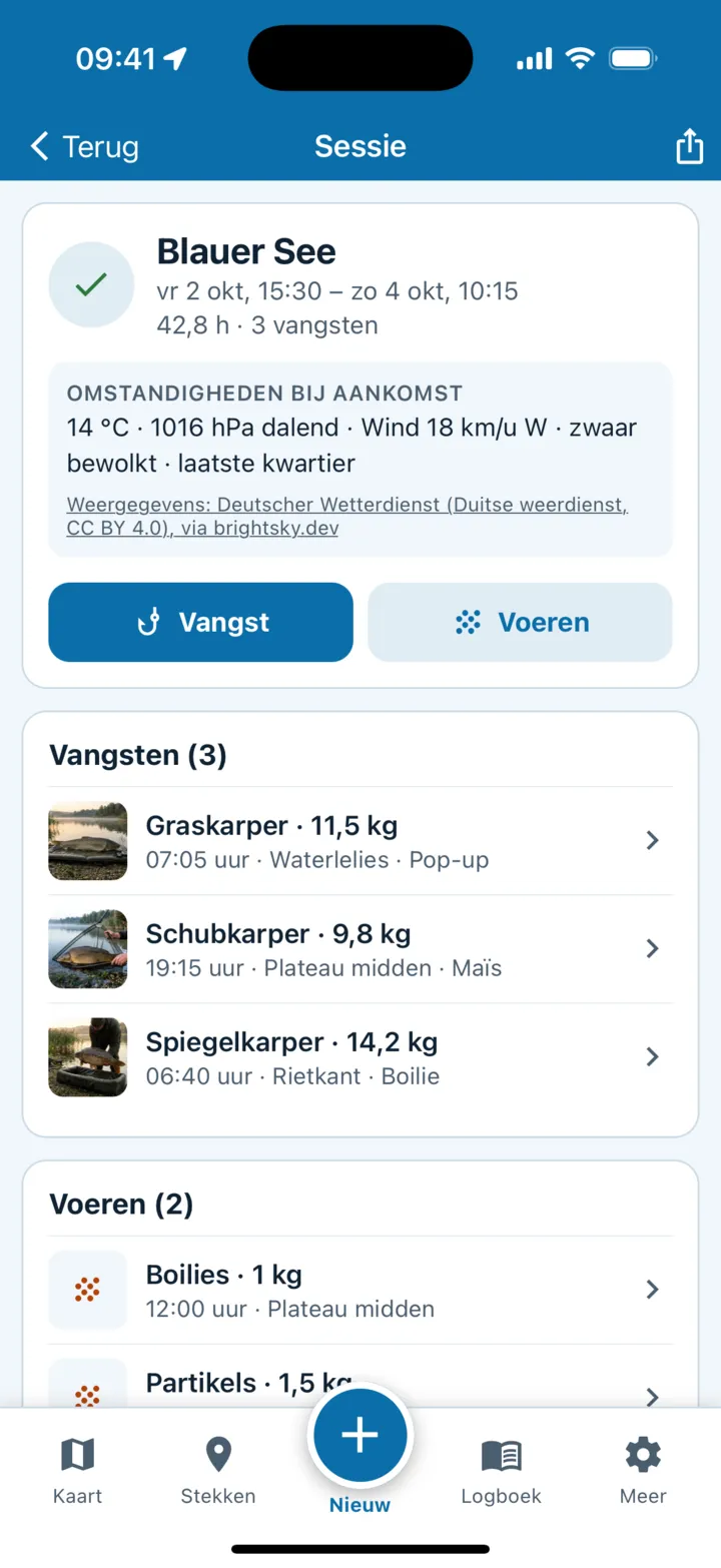 Sessie aan de Blauer See, 2 tot 4 oktober, 42,8 uur, 3 vangsten. Omstandigheden bij aankomst: 14 °C, 1016 hPa dalend, westenwind 18 km/u, bewolkt, laatste kwartier, weergegevens van de Deutscher Wetterdienst. Daaronder de vangsten en het voeren