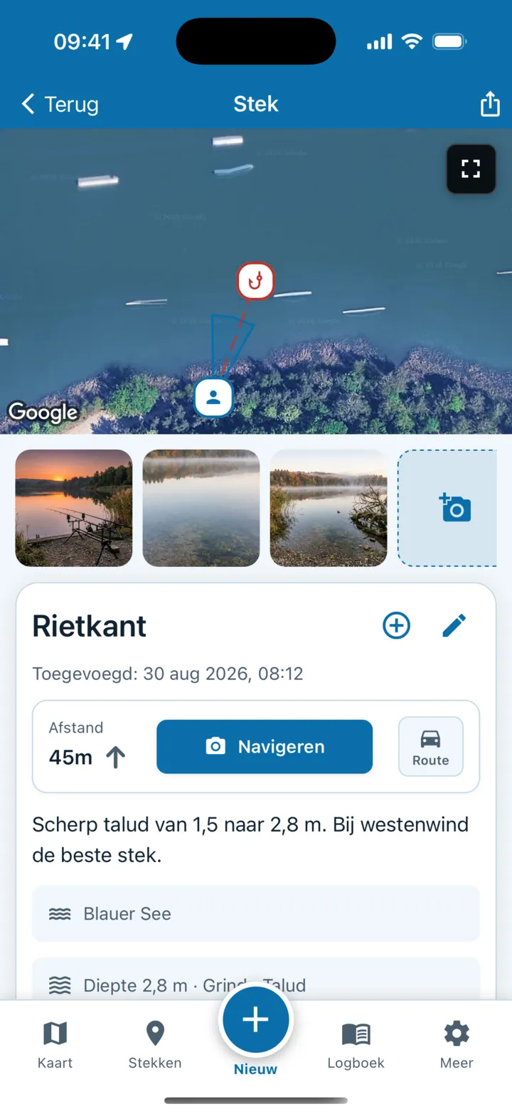 Stek Rietkant: satellietkaart met markering, een galerij met drie foto’s, vastgelegd op 30-08-2026, afstand 45 m, knop om te navigeren en een notitie over een scherp talud van 1,5 naar 2,8 m