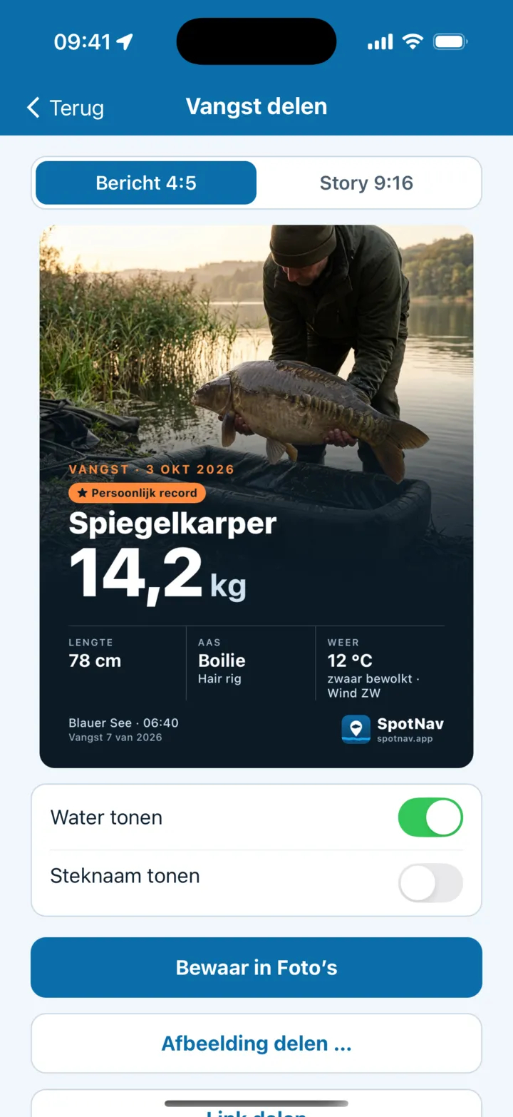 Vangst delen: Instagram-afbeelding met een spiegelkarper van 14,2 kg, persoonlijk record, 78 cm, boilie, 12 °C en het SpotNav-logo, keuze tussen post en story, schakelaars voor water en steknaam en de knoppen Bewaar in Foto’s en Afbeelding delen